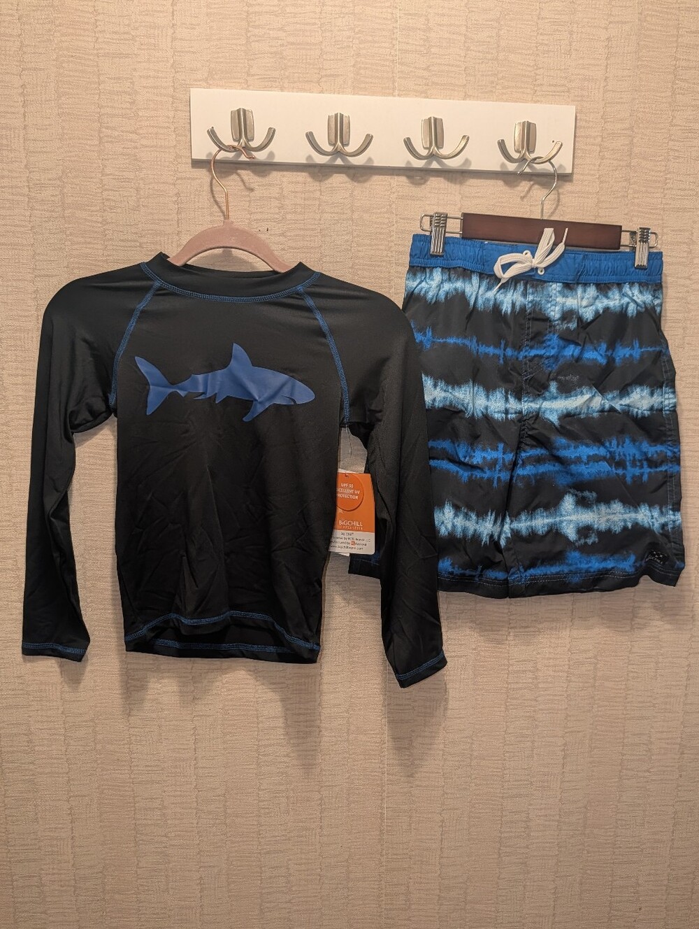 Boys Black & Blue Shark Rash Guard Set Big Chill 2-Piece UPF 50+ Long Sleeve